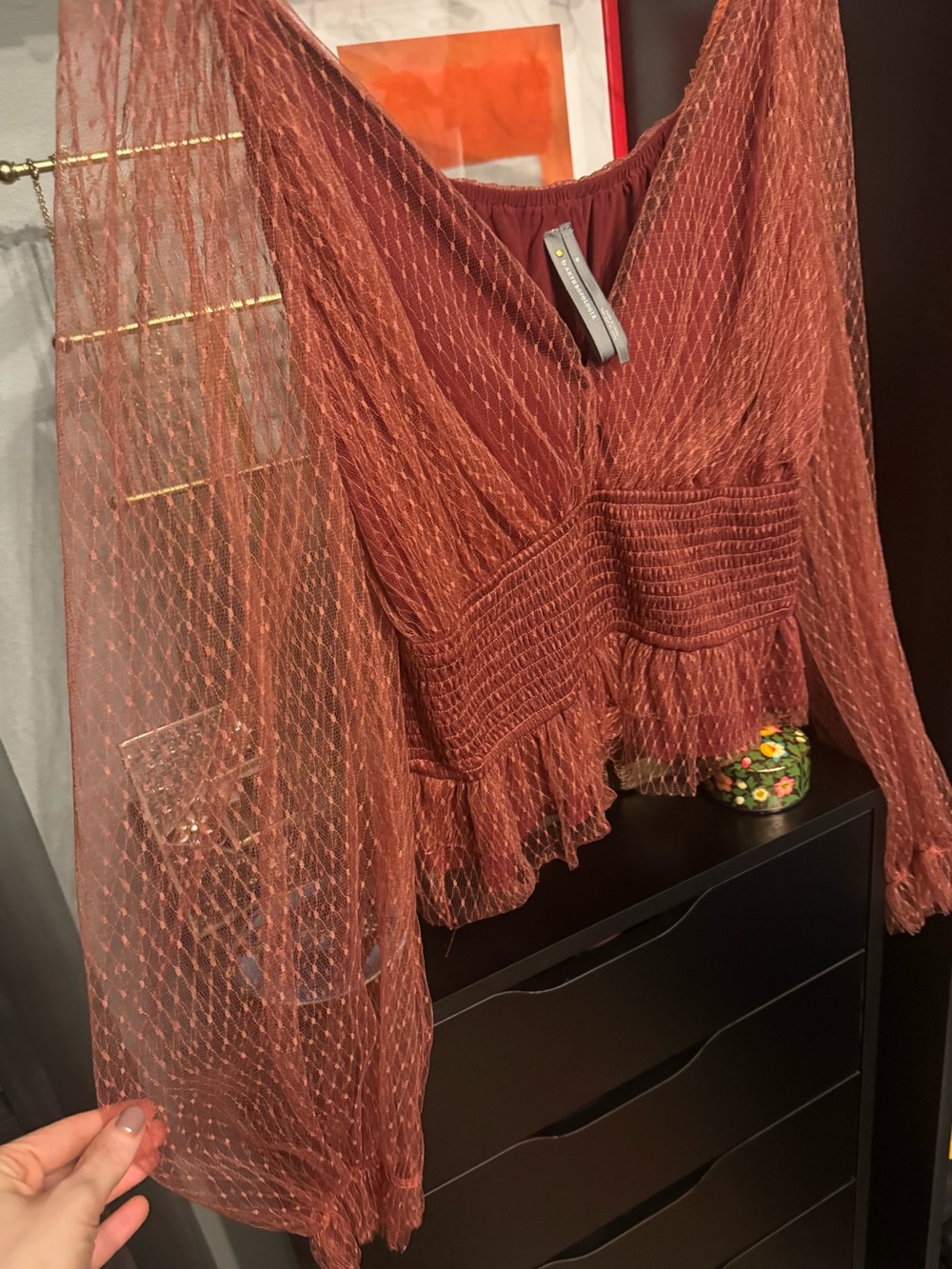 Anthropologie Burnt Sienna Sheer V-Neck Romantic Puff Sleeve Blouse π₯π€ - Picture 4 of 7